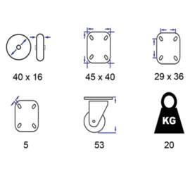 Wielenset 40 mm 4 stuks (2 bok en 2 zwenk)