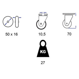 Zwenkwiel, diameter van 50mm, boutgatbevestiging, niet-strepende rubberband, draagvermogen tot 27KG