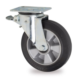 Swivel castor with brake, diameter 160 mm, elastic rubber tire, load capacity up to 300 kg