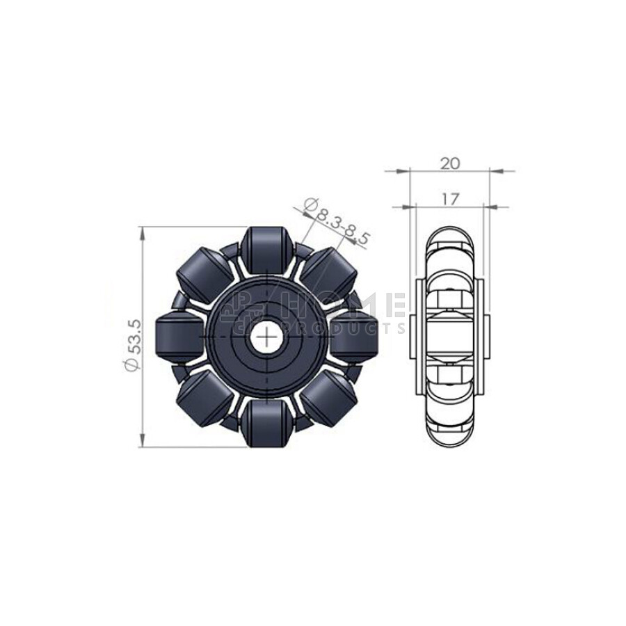 Multidirectioneel wiel met 8 rollers, 53.5 mm